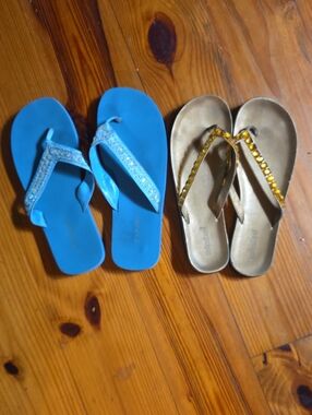 BAMBOO Blue Sandals And UNLISTED Gold Sandals